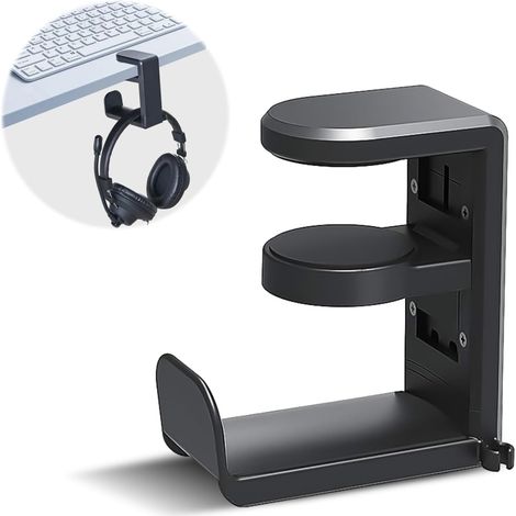 Headphone Holder, Under Desk Headphone Hook, Adjustable Punch-Free Table Clip, 360 Degree Rotating Hook, Gaming Headset Holder, Headphone Stand, Black (1/5)