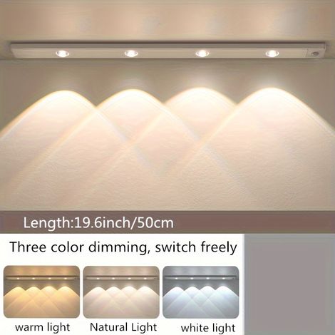 Bande lumineuse LED 3 couleurs à intensité variable, petite veilleuse sans fil de 50 cm, détecteur de mouvement, rechargeable, pour cuisine et armoire, blanc (1/5)