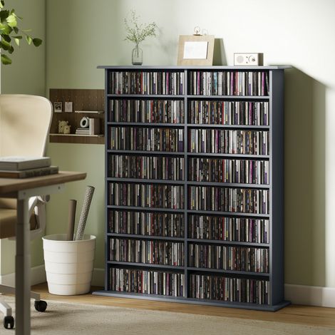 Meuble de rangement gris pour CD/DVD et Blu-ray, 16 casiers, 12 tablettes ajustables, capacité jusqu'à 720 CD ou 396 DVD