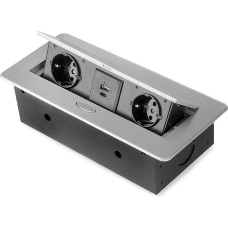 Emuca Multiconnettore da tavolo Atom 26 Lite, 225x111 mm, 2 prese Schuko, 1 USB Tipo A, 1 USB Tipo C, Zama-Acciaio-Plastica, Grigio metallizzata