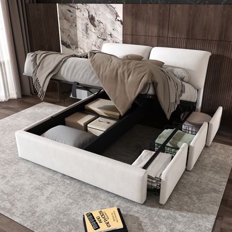 MEUBLIV Cama 140x190 cm beige – arcón hidráulico, cabecero, 3 cajones, sin colchón (1/5)
