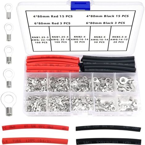 356 Pieces M3/M4/M5/M6 Electrical Crimp Connectors Uninsulated Kit, Tinned Copper Wire Lugs, Ring Eye Crimp Lugs, with Heat Shrink Tube, AWG 22-16 16-14 14-12 (1/5)