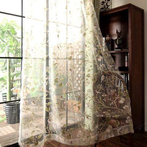 Voilages vintage sur le thème des oiseaux de 213 cm de long, rideaux transparents décoratifs pour porte de terrasse et de ferme, pour chambre à coucher, salon, 1 panneau de 127 x 213 cm (1/5)