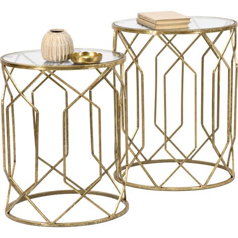 Couchtisch Set Gamalema, 2-teilig, Rund, Tischplatte Transparent, 42x42x53h cm, Gold