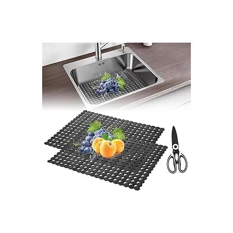 Kitchen Sink Mat, Set of 2 Silicone Sink Protector Mat Cuttable with Scissors 30 x 40 cm Kitchen Sink Mat for Ceramic / Stainless Steel Sinks Black (1/5)