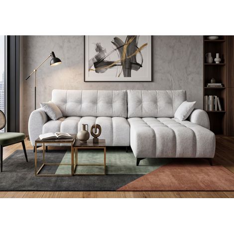 Divano angolare reversibile 5 posti CERVO XL con funzione letto, rivestito in tessuto morbido e delicato, colore grigio chiaro (1/5)