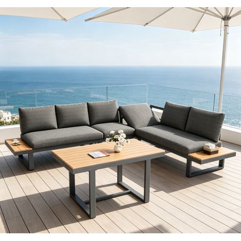 Ensemble de salon de jardin 6 places,canapé d'angle de jardin extérieur avec inclinaison réglable,plateau de table en bois composite,gris et noir
