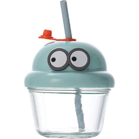 Einfacher 210-ml-Trinkbecher mit Strohhalm Klarglas tragbar lustiges Cartoon-Trinkglas für Kinder kleine Wasserflasche mit niedlichem Farben blau (1/5)