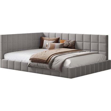 Lit banquette 140x200 convertible en canapé avec sommier à lattes revêtement en velours gris dossier et accoudoir réversibles style mid-century moderne CHICFURN (1/5)