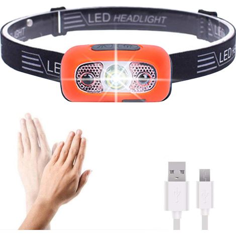 Lampe frontale LED rechargeable, ultra-lumineuse, légère et confortable, pour adultes et enfants, câble USB inclus, orange. (1/5)
