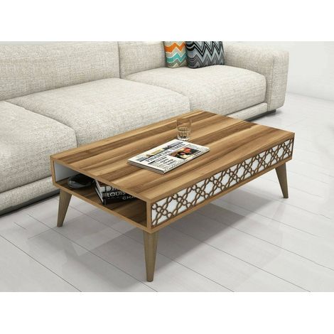 Dmora - Wohnzimmertisch Scheat, Niedriger Wohnzimmertisch, Kaffeeregal, Couchtisch für Sofa, 105x60h37 cm, Walnuss und Weiß, mit verstärkter Verpackung (1/4)
