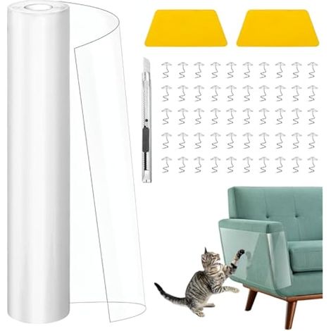 Ruban protecteur anti-griffes pour chat, 30 cm × 5 m, protection canapé et porte contre chiens et chats, adhésif transparent anti-rayures pour meubles, tapis, canapé, avec 50 clous et 2 grattoirs