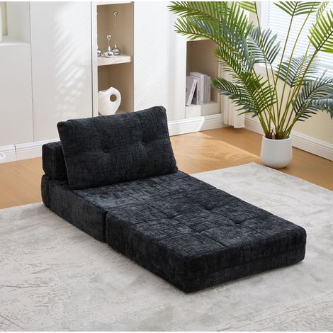 Sofá cama plegable con cojines, 79 x 180 x 18 cm, chenilla negra DESVIAE (1/5)