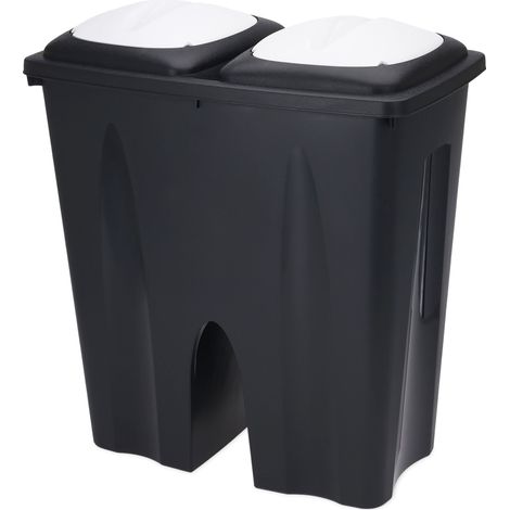 Duo Mülleimer 50 Liter schwarz mit Push Deckel in weiß - 2x 25 L - Kunststoff Doppel Abfalleimer recycelbar mit Klappverschluss