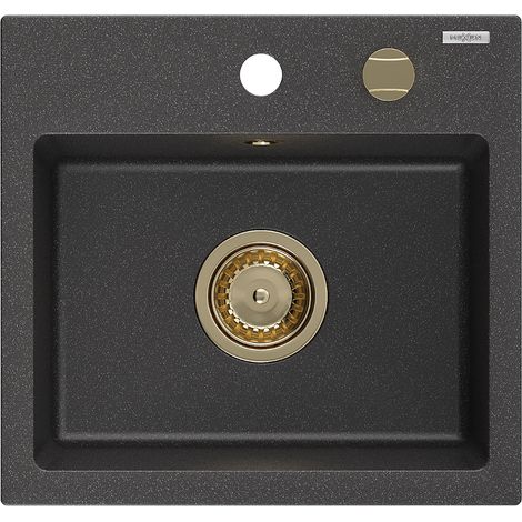 Mexen Milo lavello in granito 1-vasca 435 x 410 mm, nero maculato, sifone dorato - 6505441000-76-G (1/5)