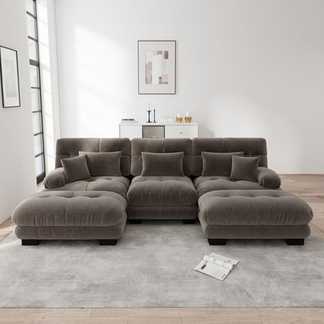 Sofá de esquina modular en U, 313 x 145 x 81 cm, con otomanas móviles, chenilla marrón DESVIAE (1/5)