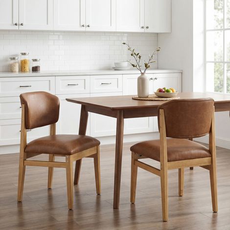Wahson Chaise Salle à Manger Bois en Cuir PU, Lot de 2 Chaises de Cuisine avec Dossier Incurvé Chaise Salon Scandinave, pour Cuisine et Chambre, Marron (1/5)