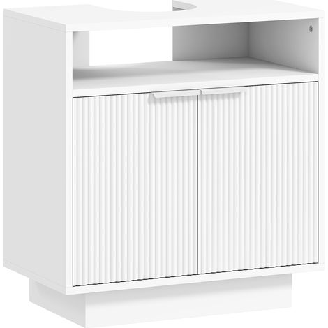 Armoire sous lavabo salle de bain 60x33x63 cm blanc, étagère intérieure ajustable et étagère ouverte en bois massif, rangement meuble salle de bain.