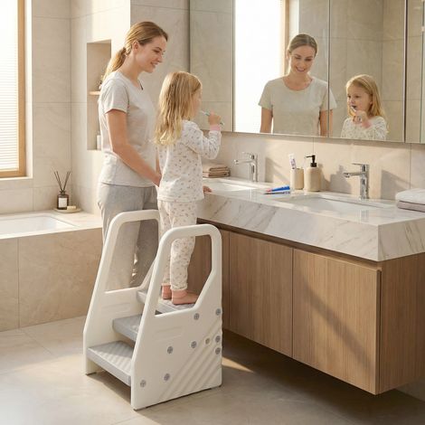Marchepied enfant escabeau 3 marches pour enfants hauteurs réglables de 3 à 2 marches 43 x 42 x 65.5 cm gris