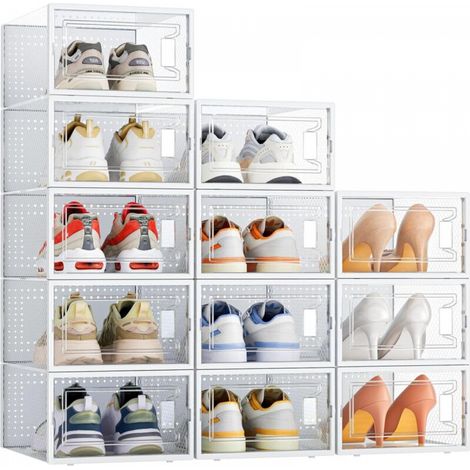 Boîtes de rangement à chaussures transparentes avec cadre blanc 33 x 23 x 14 cm, 12 pièces, en plastique transparent, empilables (1/5)