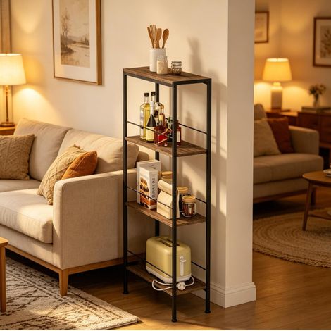 Étagère de rangement 50x20x110 cm noir et marron en MDF et métal à 4 niveaux pour petits espaces (1/5)