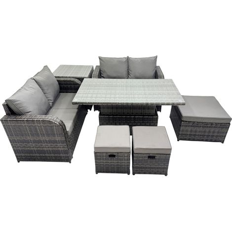 Fimous 7-seater Patio Height Adjustable Rising Lifting Table Sofa Sets Rattan Garden Furniture Dining Set with 3 Stools Side Table Dark Grey Mixed (1/5)
