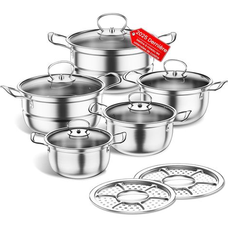 Batterie de cuisine en acier inoxydable, batterie de cuisine à induction 12 pièces, non couché, compatible avec les plaques de cuisson à induction/gaz, avec couvercle en verre