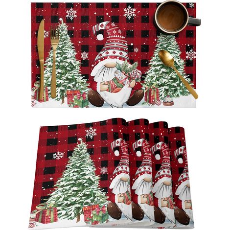Juego de 4 manteles individuales navideños con diseño de gnomo y búfalo, lavables, con diseño de árbol de Navidad y copo de nieve, para cenas en la cocina. (1/5)