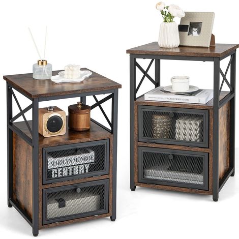 COSTWAY 4 Ebenen Beistelltisch Industrie Design, Nachttisch mit 2 Klappschubladen & offenem Regal, Nachtschrank Holz mit Metallrahmen, Wohnzimmertisch 40 x 35 x 60,5 cm (2) (1/5)