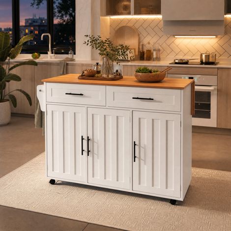 Mueble de cocina con ruedas y tablero abatible, MDF blanco, 129 x 46 x 91,5 cm HAVRYA (1/5)