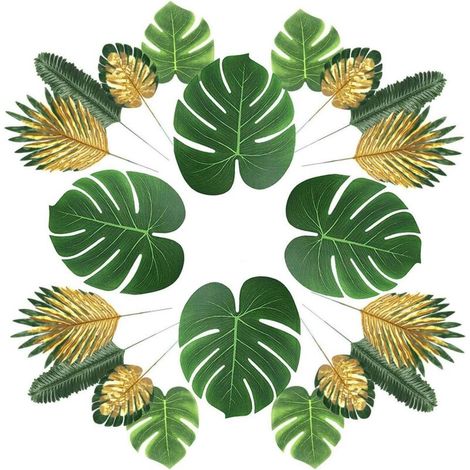 Künstliche Pflanzen, 66-teilig, künstliche Palme mit 6 Blättern, künstliche Blätter, Stängel und Blätter, künstliche tropische Pflanzen, Hawaii-Party, Strand- und Dschungelthema, Partytischdekoration,
