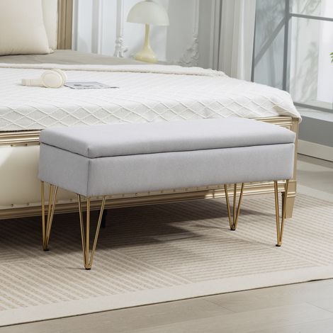 Banc capitonné au pied du lit en lin synthétique avec pieds en acier et assise rembourrée gris clair (1/5)