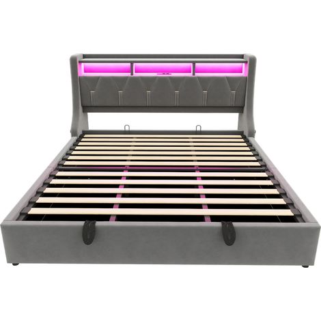 Letto contenitore imbottito 180 x 200 cm in velluto grigio con LED, prese e vani portaoggetti (1/5)