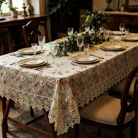 Nappe en dentelle 150x220cm Rectangulaire avec broderie florale, élégance vintage pour banquet & table à manger