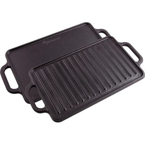 Victoria 36058 Plancha Cocina Hierro Fundido Curado Inducción Parrilla Reversible 33X21cm para Fuego Barbacoa  Negro (1/5)