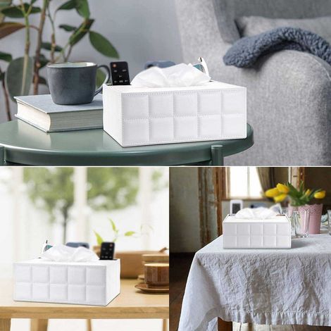 Caja rectangular de piel para pañuelos con 3 compartimentos organizador de escritorio también apta para mandos a distancia (blanca). (1/5)