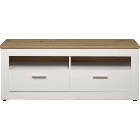 Meuble TV lowboard Meuble TV Salon Abat-Jour Dimensions de l'assemblage LxHxP 148 x 59 x 45 cm Couleur Blanc pin Andersen avec chêne Artisanal (1/5)