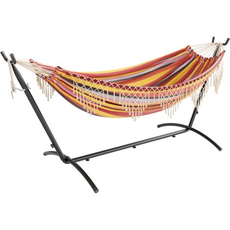 Hamac sur Pied Double avec Franges à 2 Brins - Réglage 6 Positions et Sac de Transport Inclus pour Jardin/Camping en Plein Air, Rouge, Mondeer