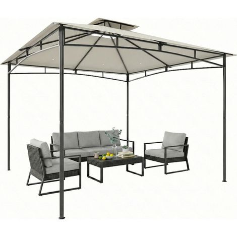 Pavillon 3x3m Wasserabweisend Stabil Winterfest Gartenpavillon mit zurückziehbar Obenrahmen Doppeldach Cremeweiß