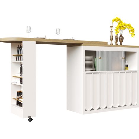 Bar mobile extensible avec rangement, LED et USB, 135 à 205 x 39 x 100 cm, roulettes freinées, portes à motif discret, finition blanche - CHICFURN (1/5)