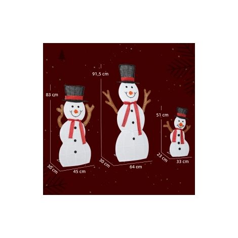 Famille de bonhomme de neige de Noël 3 pièces, décoration extérieure, lumières LED, piquets de sol, étanche, acier, polyester, blanc (1/5)