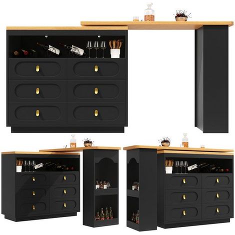 Hochwertiger Ausziehbarer Bartisch mit 360° Drehfunktion und Stauraum, Längenverstellbar von 138-203cm,Moderner Rollbarer Bar Tisch mit Schubladen für Küche, Wohnzimmer, Esszimmer, Homeoffice, Schwarz (1/5)