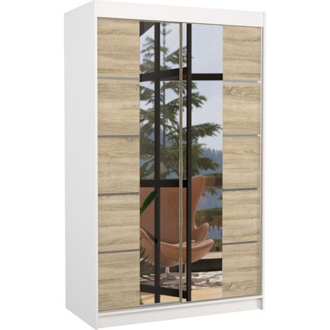 Petite armoire design de chambre à coucher 2 portes coulissantes blanche et naturel avec miroir Kinzo 120cm (1/5)