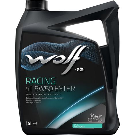 WOLF - Huile moteur moto 4T 5W50 RACING ESTER - Bidon de 4 litres - 1048502 - Ce produit de marque WOLF est neuf.