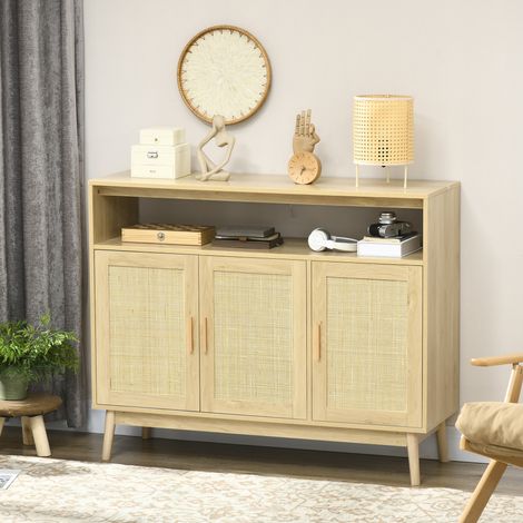 Aparador de Estilo Cannage Mueble Buffet Auxiliar con Puertas de Rejilla y Patas de Madera 120x40x97cm Natural (1/5)