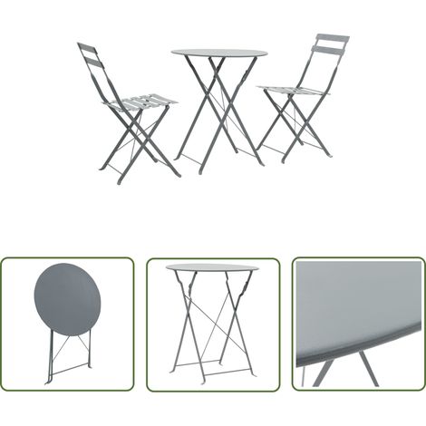The Living Store Mobilier de bistro 3 pcs Acier Gris - Salon De Jardin Pliable - Ensemble De Bistro - Mobilier De Jardin - Table Et Chaises - Acier Inoxydable (1/5)