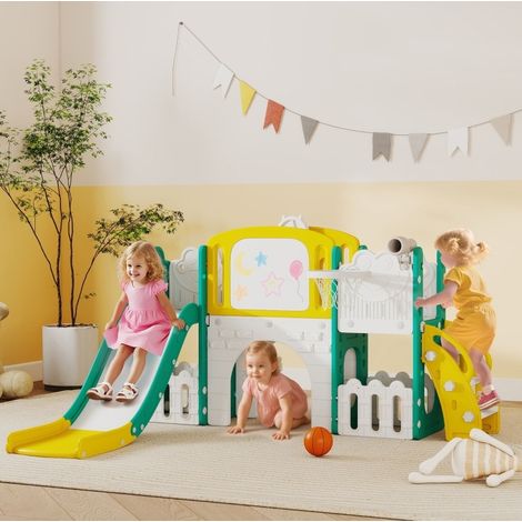Parque de juegos 7 en 1 176x150x94 cm de HDPE amarillo y verde para espacios pequeños - MEUBLIV (1/5)
