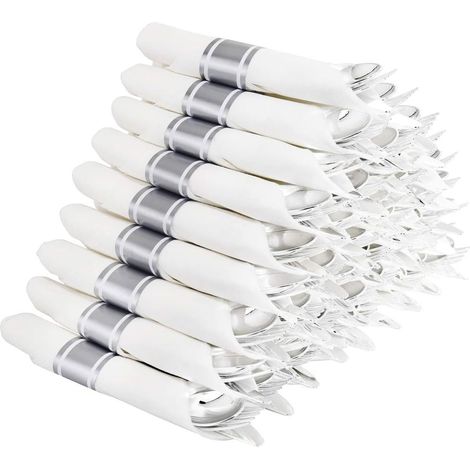 Set Couverts Emballés - Couteau Fourchette Cuillère Serviette Pré-enroulée - Or Argent Rose Or - 20 cm 18,8 cm 17,5 cm - 30 Pièces (1/5)