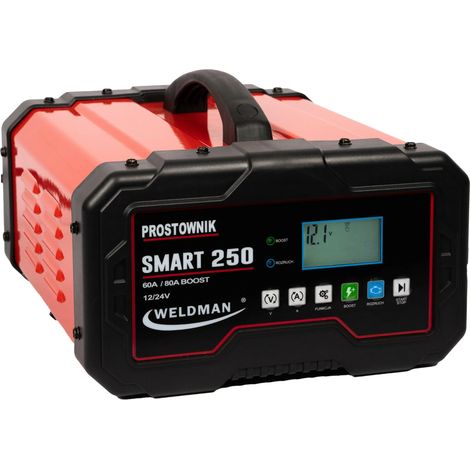 WELDMAN, modelo SMART 250, Cargador inverter 12V/24V con arranque, ideal para coches y camiones, carga rápida y segura, control electrónico, uso profesional