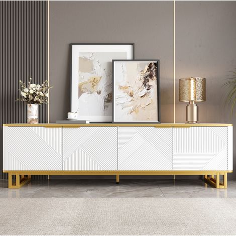 Mueble TV 180x40x42 cm blanco con amplios compartimentos y patas de madera (1/5)